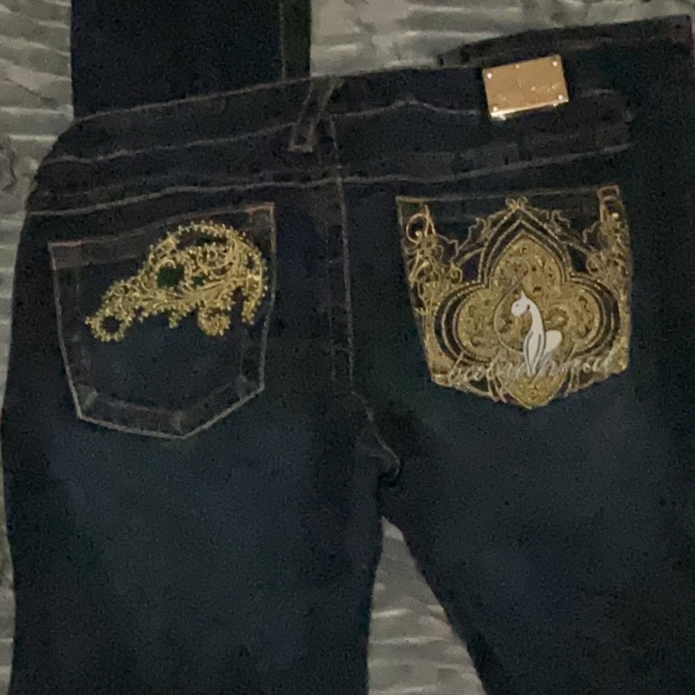 Baby Phat Jeans Embroidered Black Blue Wash Jeans with Gold Accents